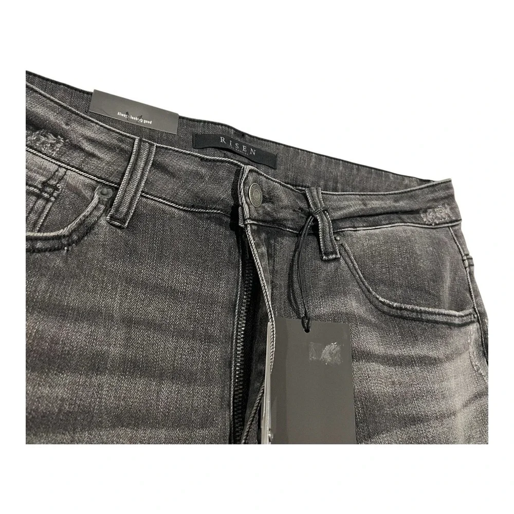 NWT Risen Womens 1XL Flare Jeans Black Acid Wash High Rise Raw Hem Stretch Denim